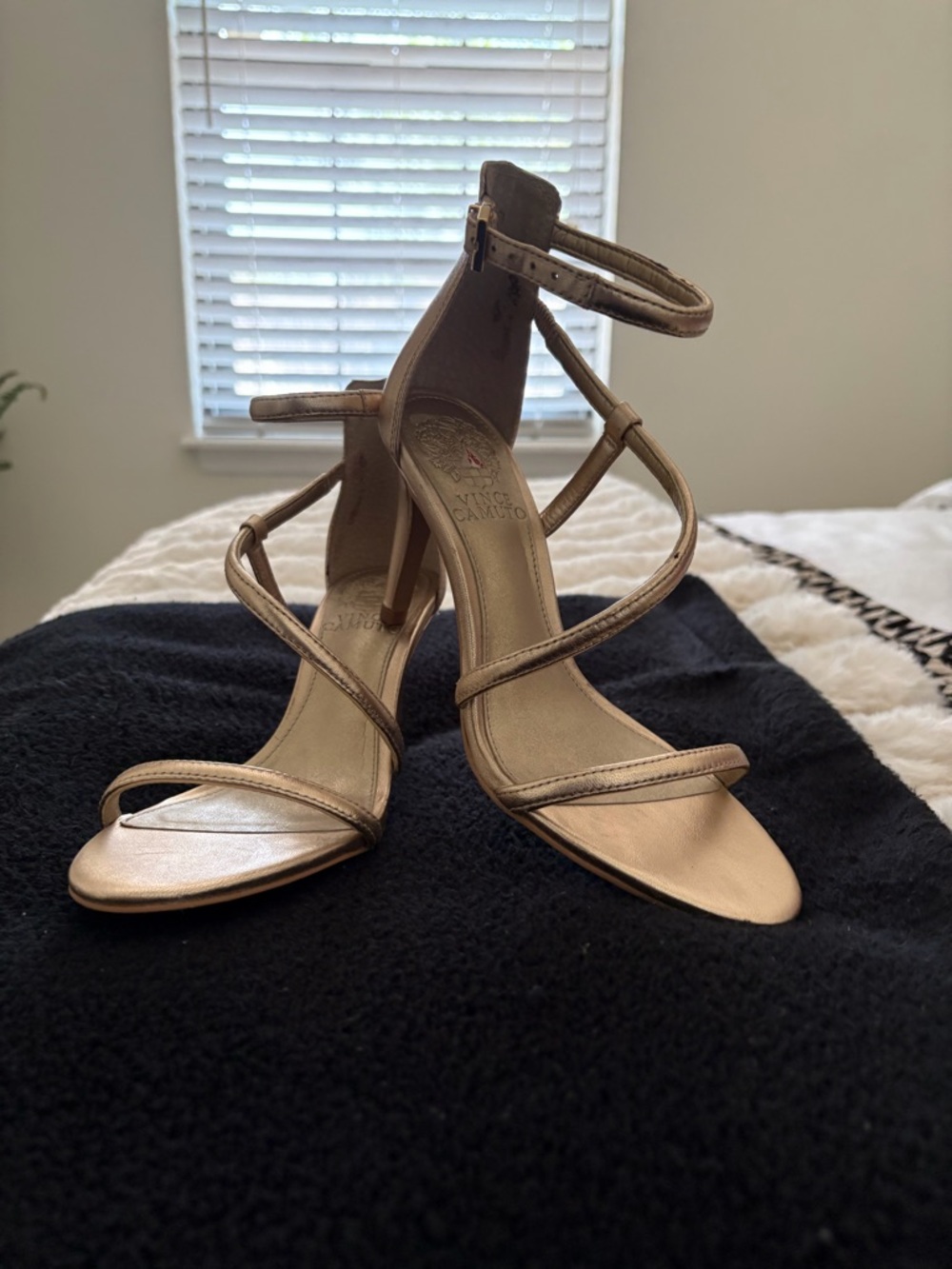 Vince Camuto Metallic Nude Strappy Ankle‑Buckle Heels